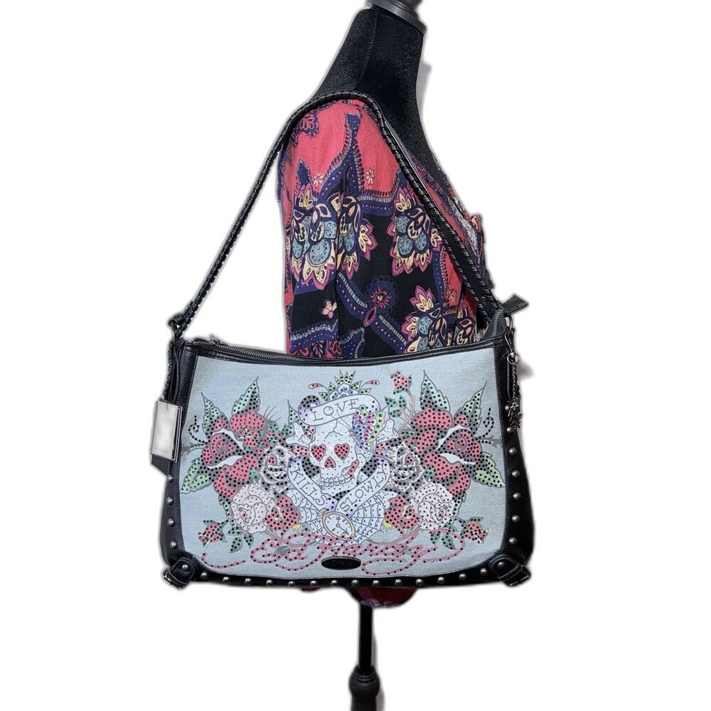NEW Ed Hardy Denim Shoulder Handbag Purse Rhinestone Love Kills Slowly Tattoo